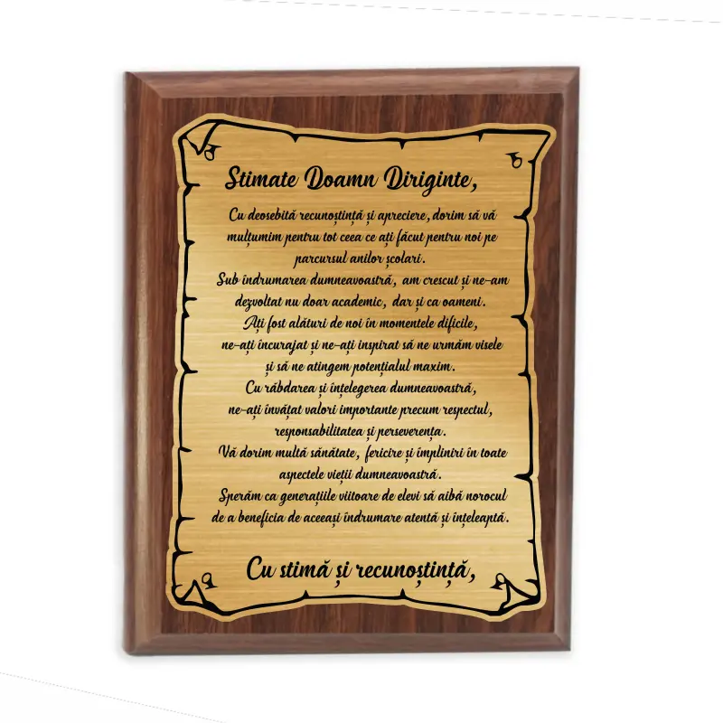 Stimate domn diriginte, placheta lemn personalizata prin gravura